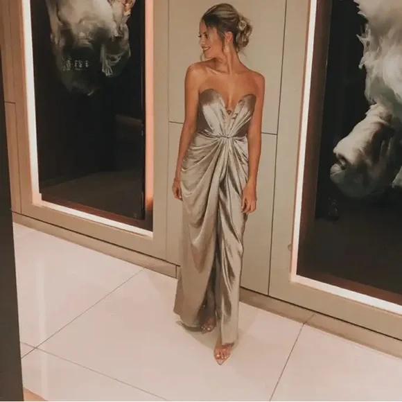 House Of CB 'Sigourney' Mink Satin Draped Front Maxi Dress NWOT - Picture 10 of 15